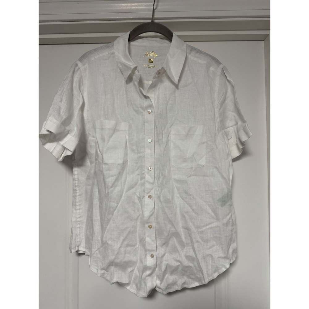 Lilly Pulitzer, Lynnie Button Down Short Sleeve Linen Shirt, Womens Size‎ M